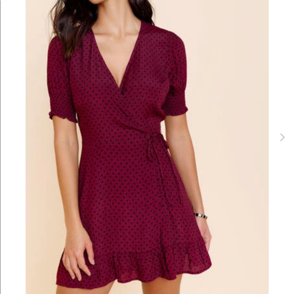 Maroon and black polka dot tie wrap mini dress francesca’s size xxs